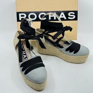 NWT ROCHAS Ice-Gray Espadrilles Platform Wedges w/ Ribbons - Size 37